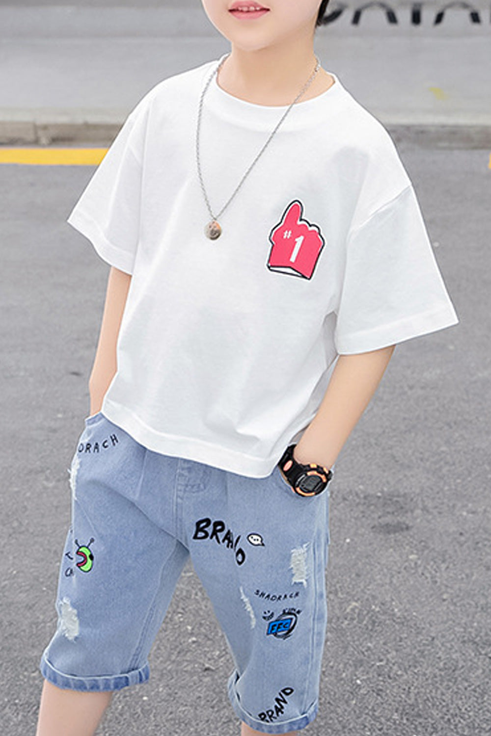 Kids Boys Denim Bottom Loose Short Sleeve T-Shirt Summer Outfit Set