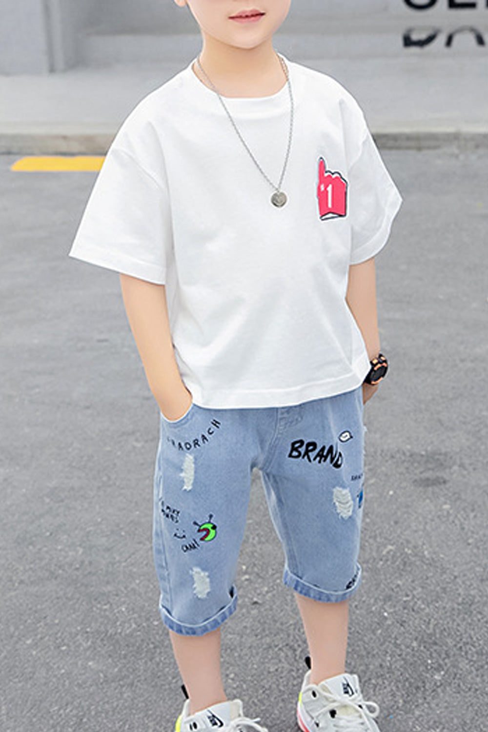 Kids Boys Denim Bottom Loose Short Sleeve T-Shirt Summer Outfit Set