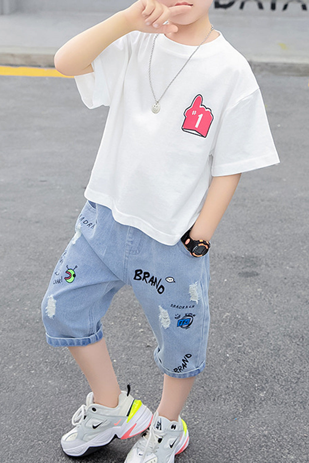 Kids Boys Denim Bottom Loose Short Sleeve T-Shirt Summer Outfit Set