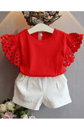 Kids Girls Easy Round Neck Two Piece Solid Colored Short Sleeve Elegant Outfit Set