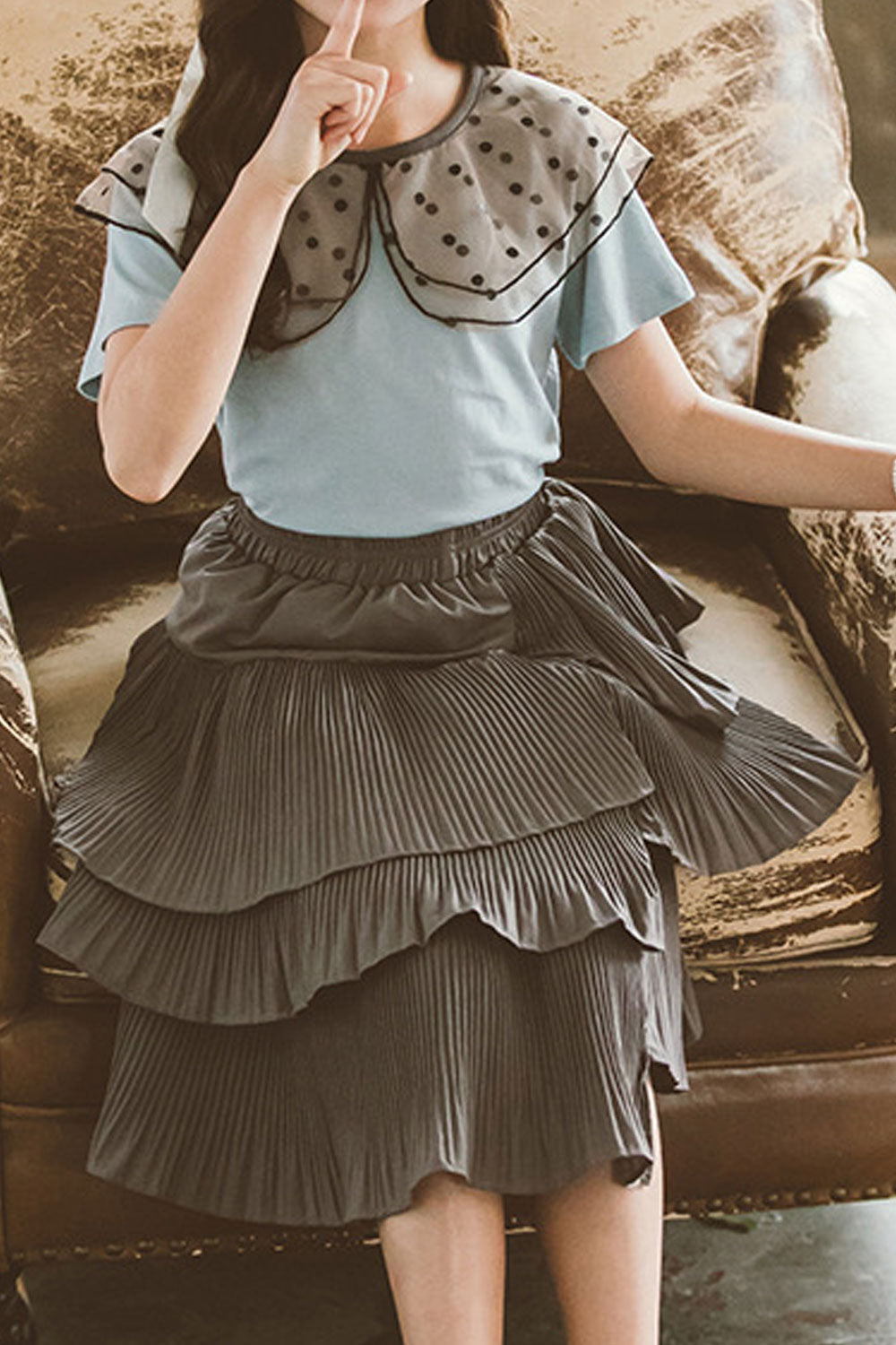Kids Girls Two Piece Ruffled Style Solid Pattern Short Sleeve Summer Outfit Set