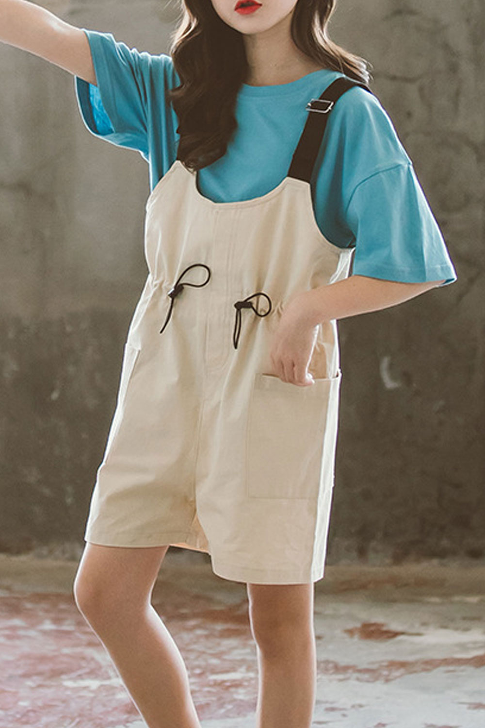 Kids Girls Short Sleeve Suspender Solid Colored Round Neck Two Piece Outfit Set