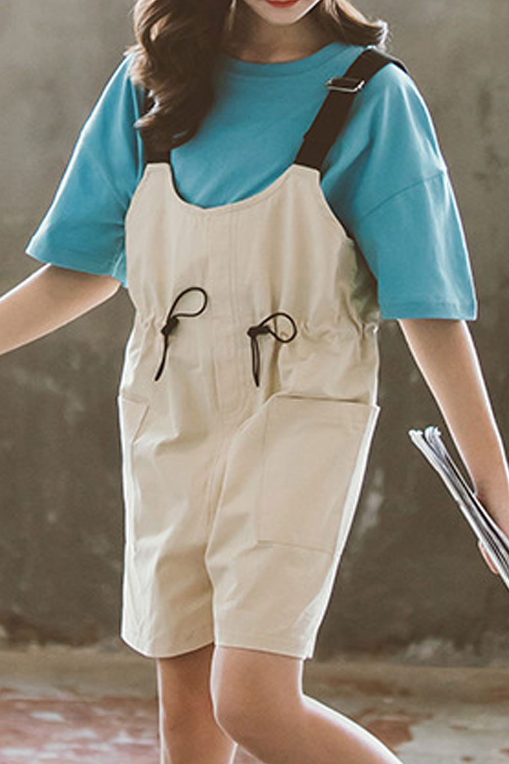 Kids Girls Short Sleeve Suspender Solid Colored Round Neck Two Piece Outfit Set