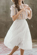 Kids Girls Short Sleeve Elastic Waist Two Piece Plaid Pattern Outfit Set