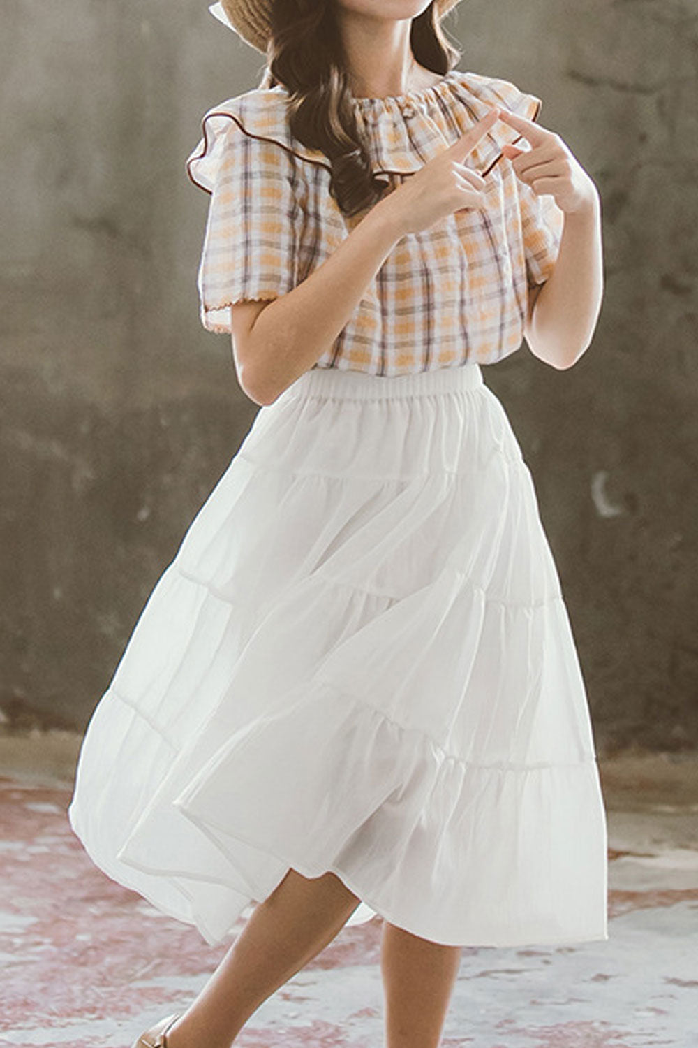 Kids Girls Short Sleeve Elastic Waist Two Piece Plaid Pattern Outfit Set