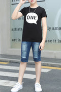 Kids Boys Printed T-Shirt Round Neck Denim Short Comfortable Two Piece Outfit Set
