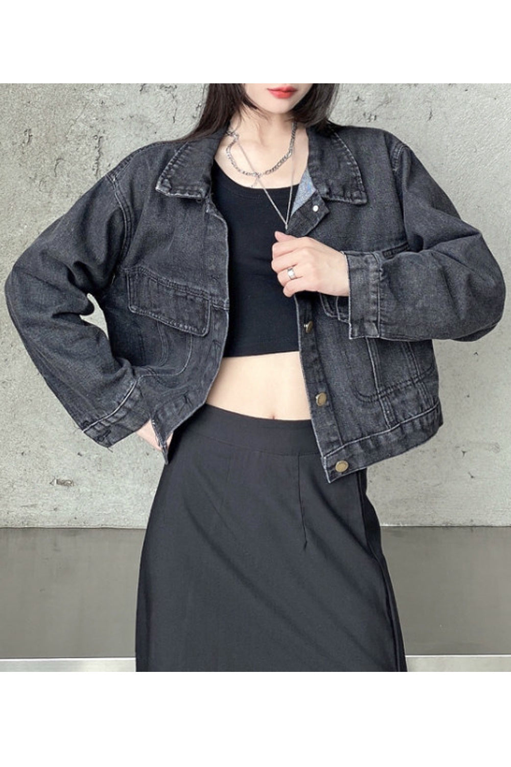 Women Classy Flap Pockets Solid Colored Modern Long Loose Sleeve Fantastic Denim Jacket