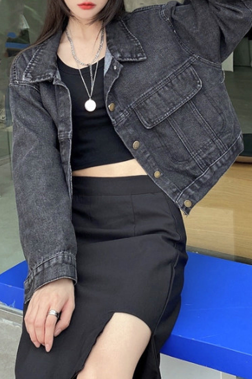 Women Classy Flap Pockets Solid Colored Modern Long Loose Sleeve Fantastic Denim Jacket