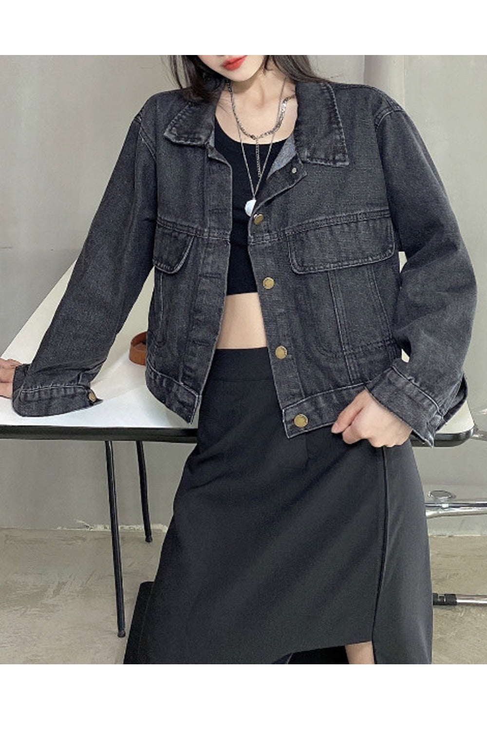 Women Classy Flap Pockets Solid Colored Modern Long Loose Sleeve Fantastic Denim Jacket