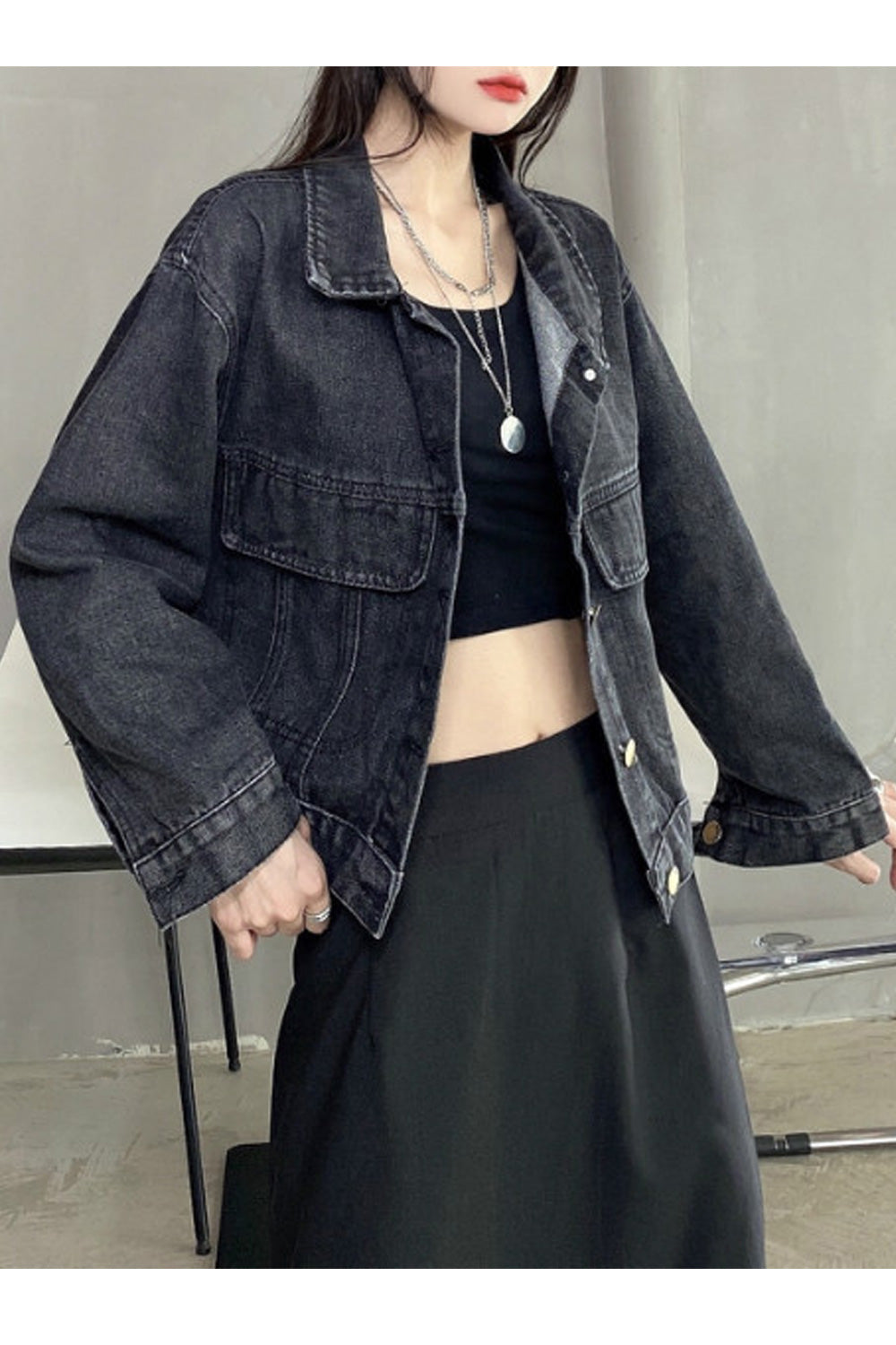 Women Classy Flap Pockets Solid Colored Modern Long Loose Sleeve Fantastic Denim Jacket