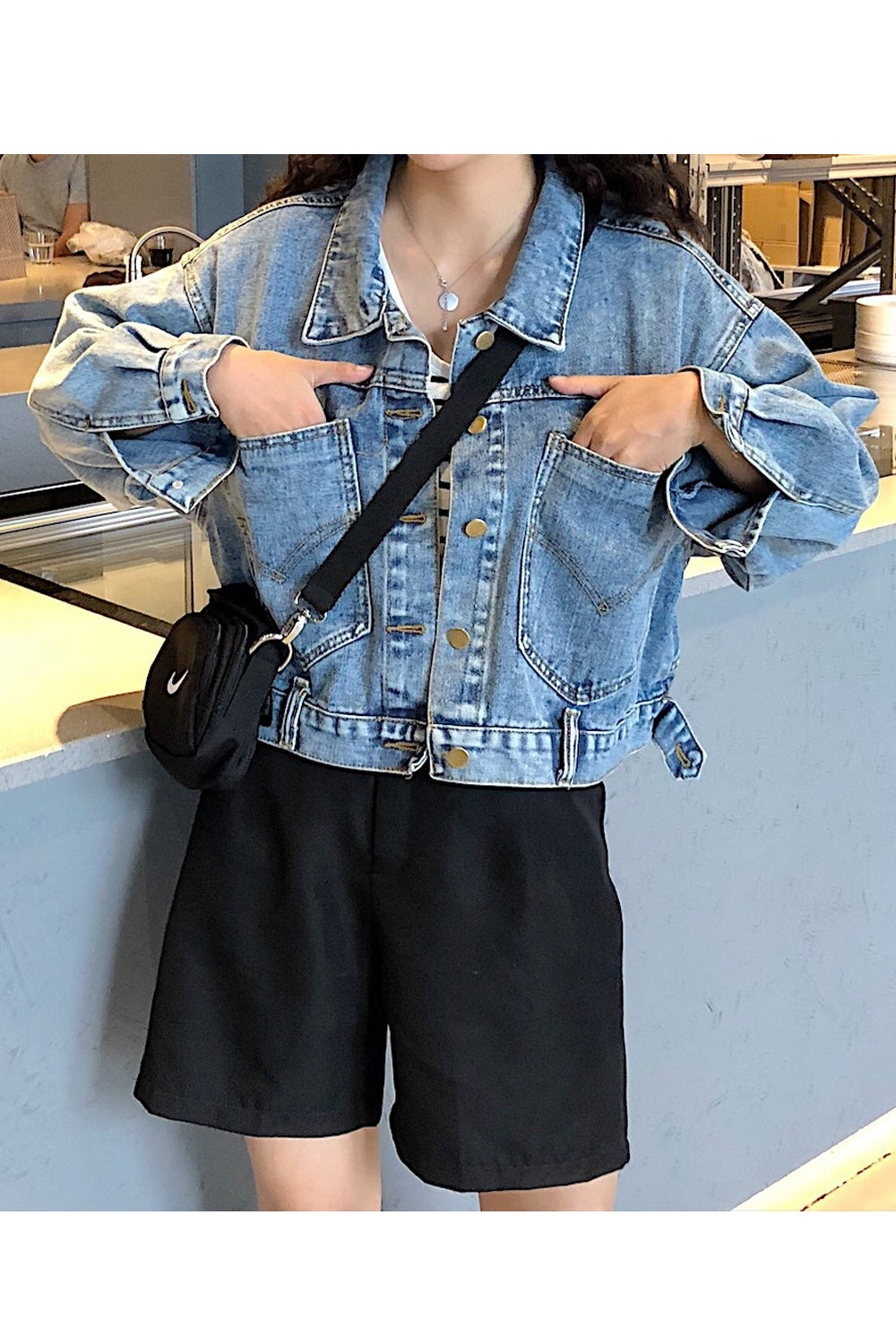 Women Alluring Loose Fascinating Pocket Styling Magnificent Long Sleeve Denim Jacket
