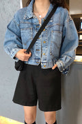 Women Alluring Loose Fascinating Pocket Styling Magnificent Long Sleeve Denim Jacket
