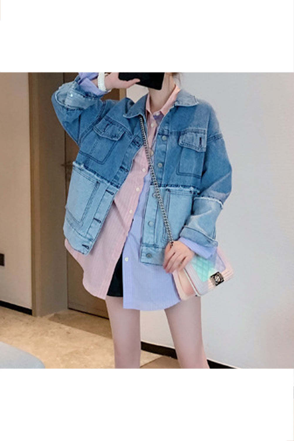 Women Elegent Solid Colored Thick Long Sleeve Easy Collar Neck Flap Pockets Button Closure Winter Denim Jacket