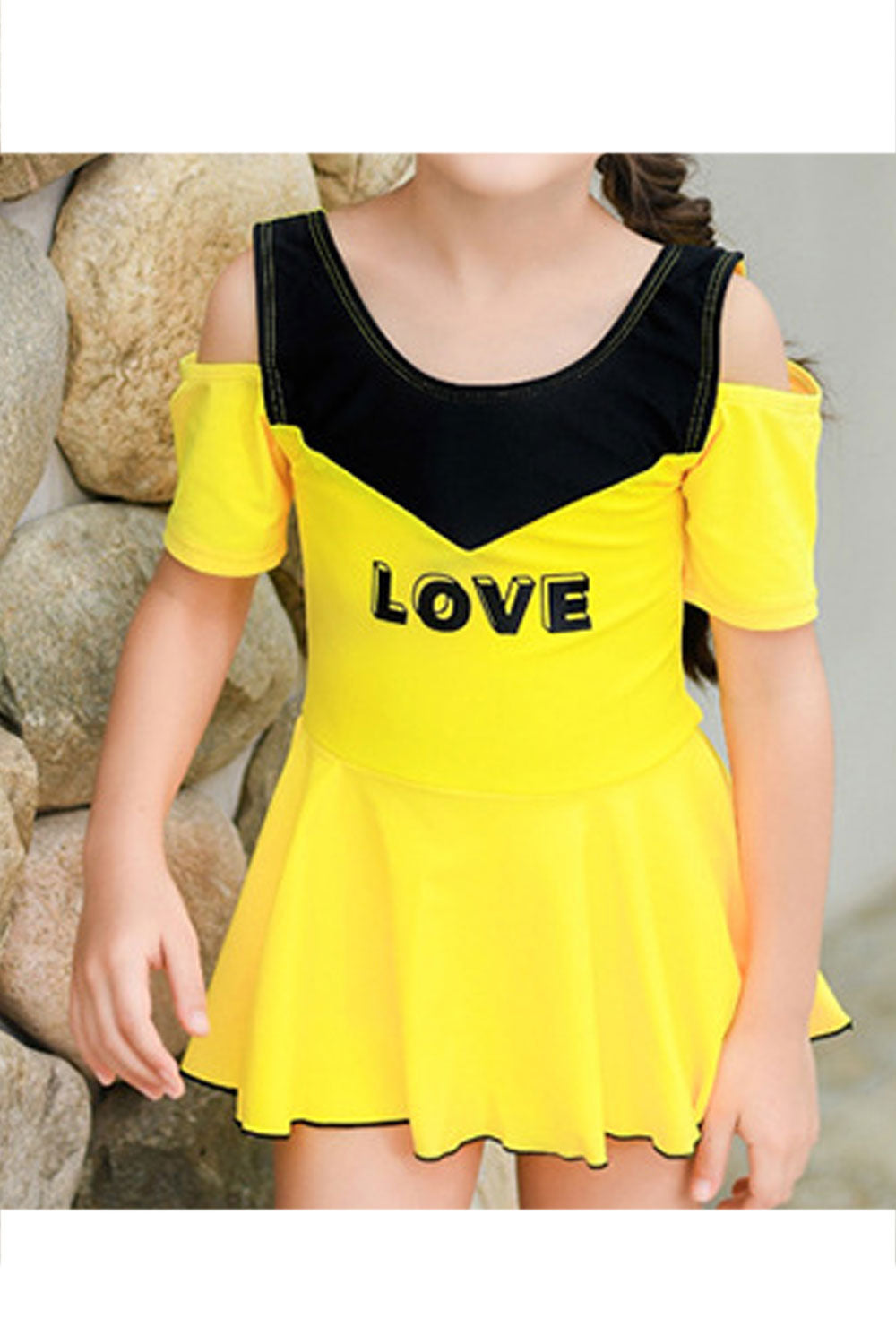 Baby Girls Letter Printed Cold Shoulder Stylish One Piece Swimwear