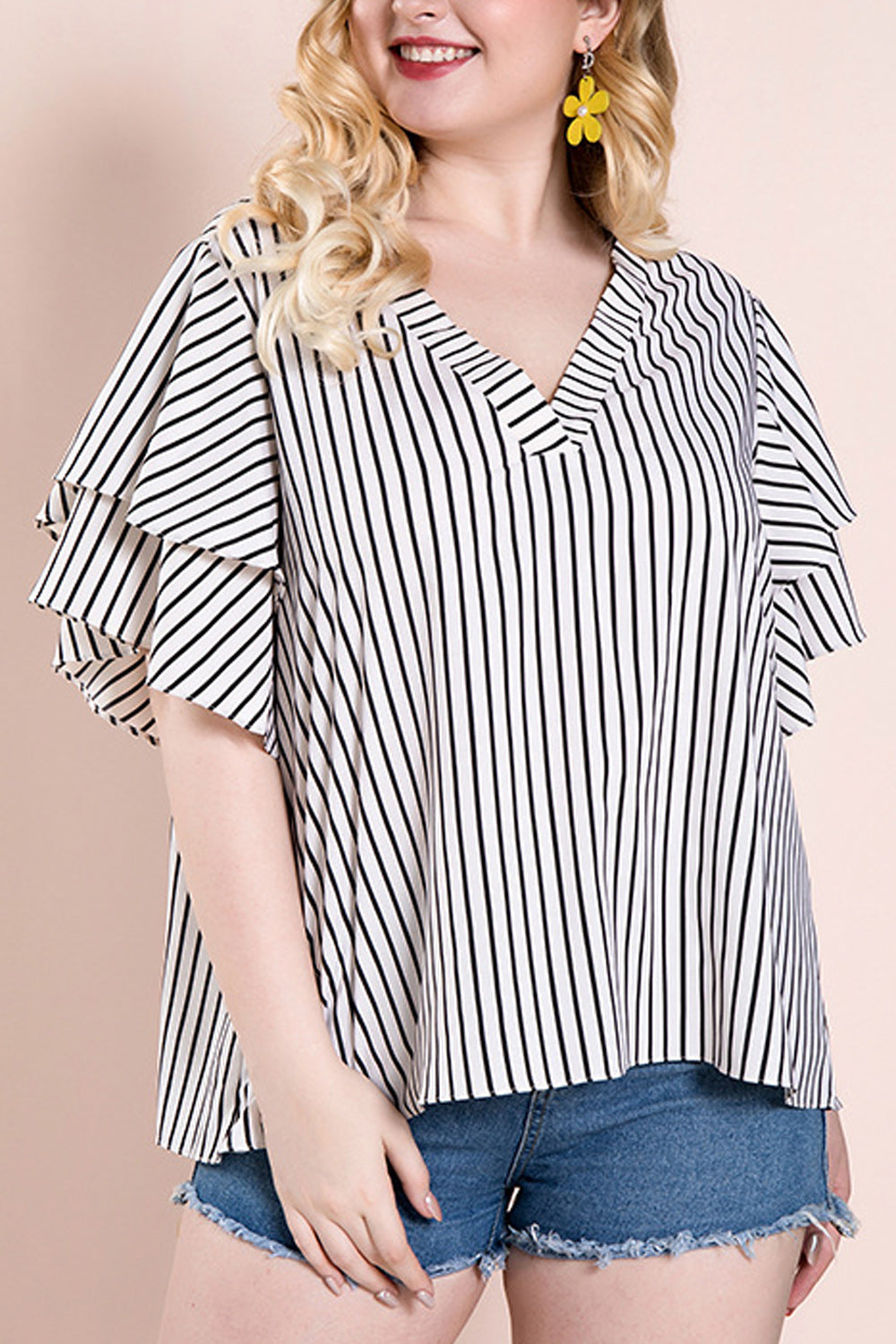 Women Plus Pretty Stripes Short Sleeve Casual Shirt