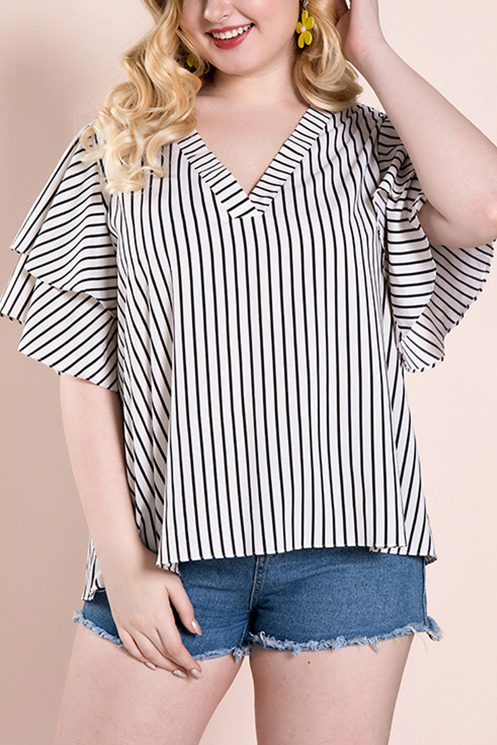 Women Plus Pretty Stripes Short Sleeve Casual Shirt