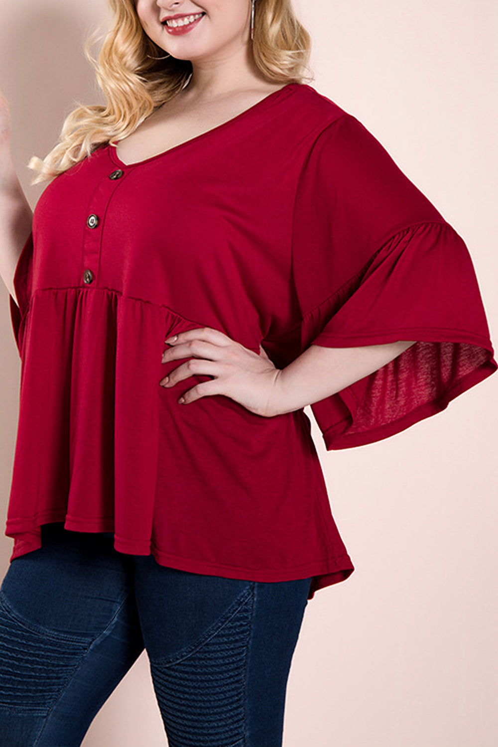 Women Plus Chic Look V-Neck Pleated Flared Shirt