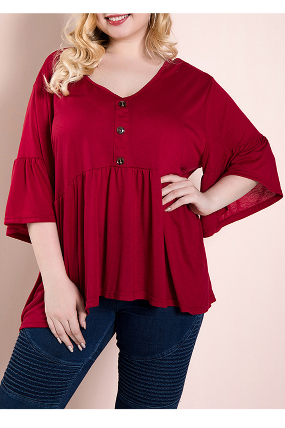 Women Plus Chic Look V-Neck Pleated Flared Shirt