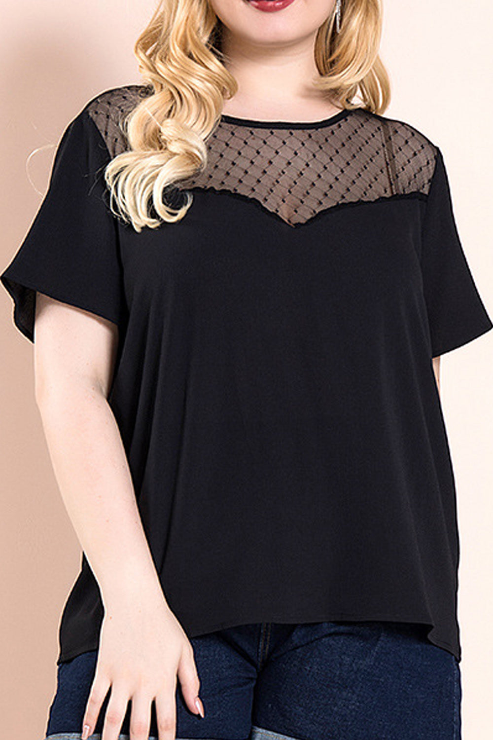 Women Plus Fashion Short Sleeve Mesh Lace Casual Blouse