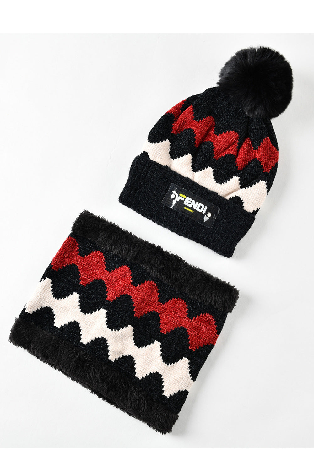 Women Printed Pattern Hair Ball Knitted Hat