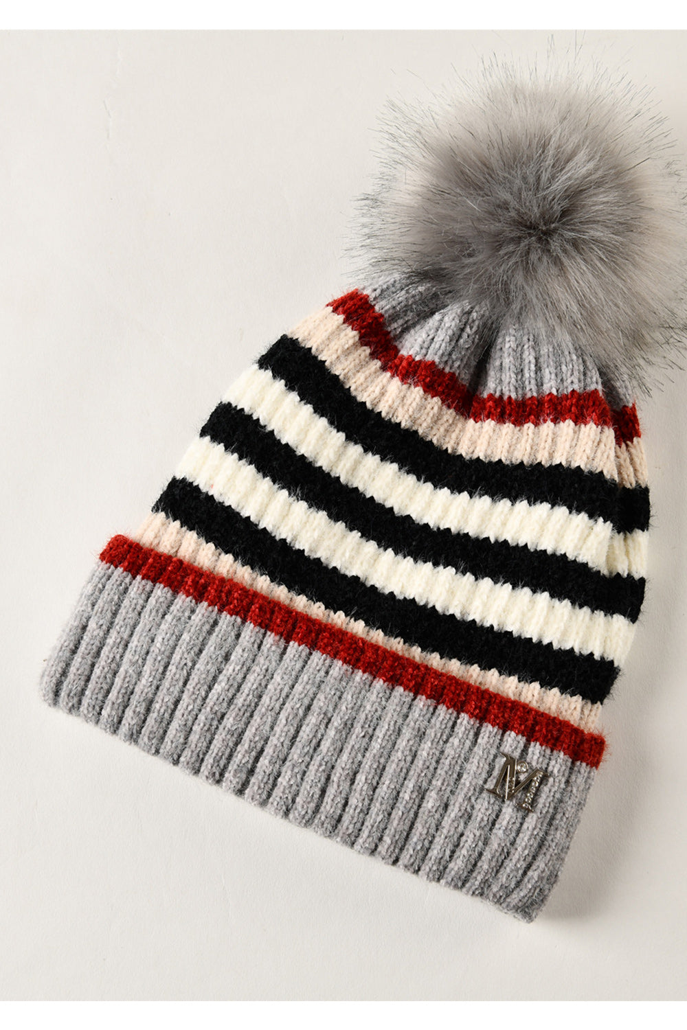 Women Cute Stripe Pattern Soft Hair Ball Attached Cozy Knitted Hat