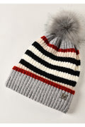 Women Cute Stripe Pattern Soft Hair Ball Attached Cozy Knitted Hat