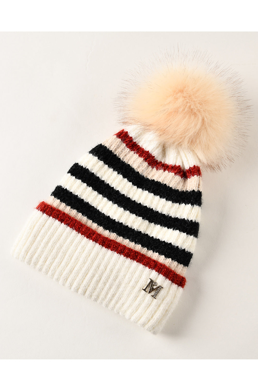 Women Cute Stripe Pattern Soft Hair Ball Attached Cozy Knitted Hat