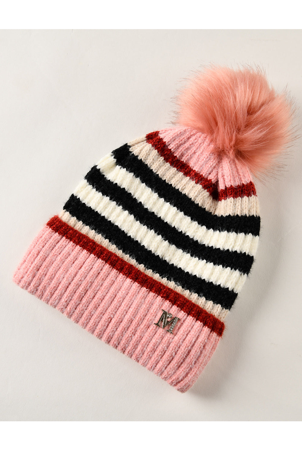 Women Cute Stripe Pattern Soft Hair Ball Attached Cozy Knitted Hat