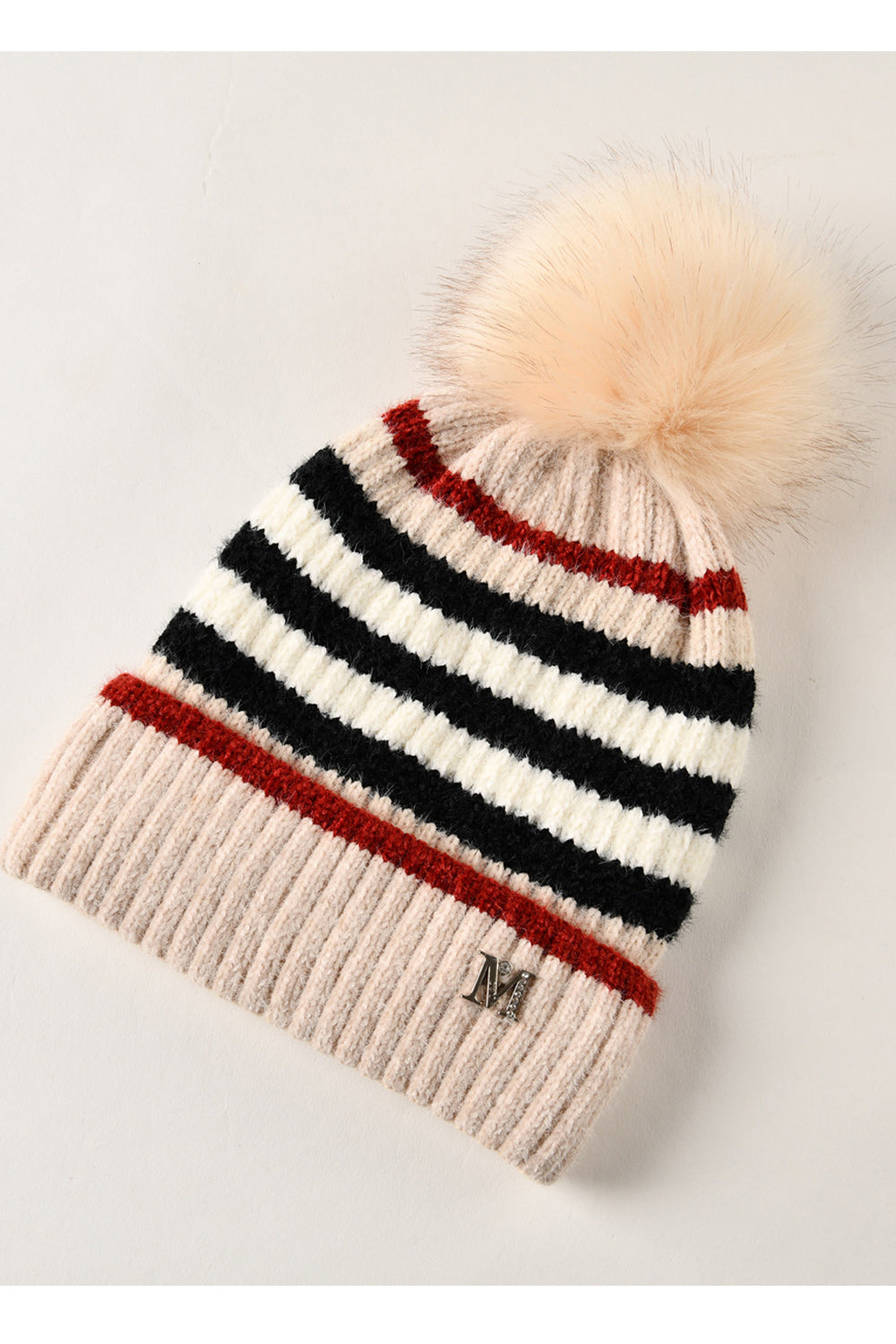 Women Cute Stripe Pattern Soft Hair Ball Attached Cozy Knitted Hat