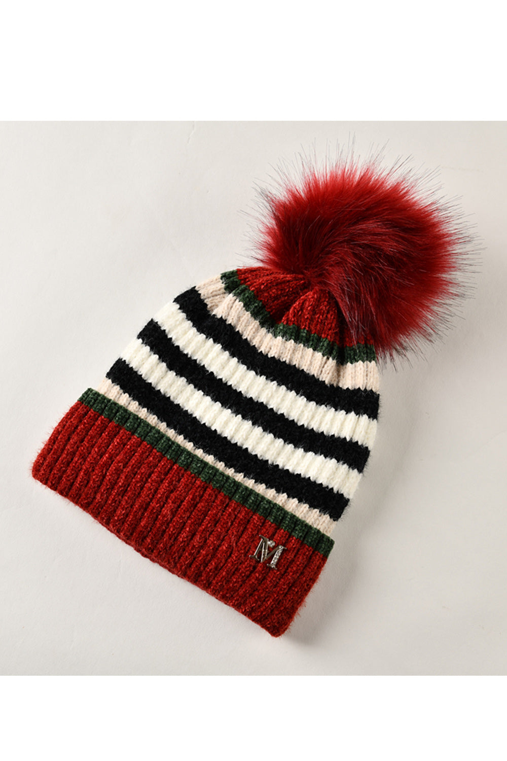 Women Cute Stripe Pattern Soft Hair Ball Attached Cozy Knitted Hat