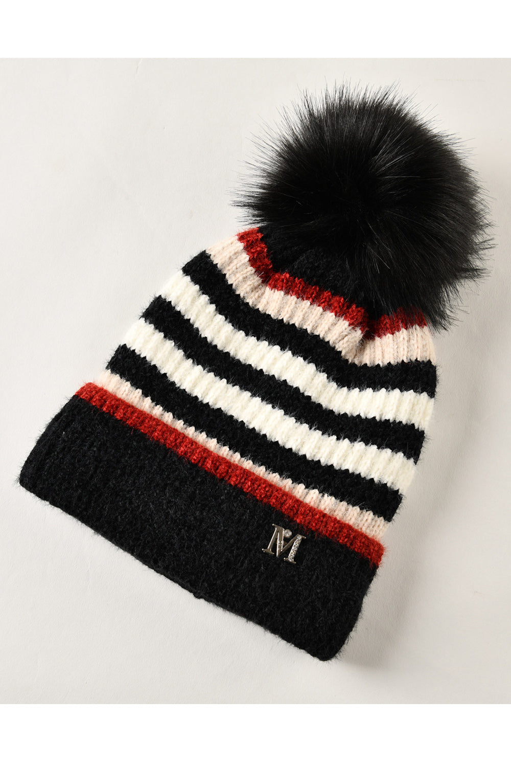 Women Cute Stripe Pattern Soft Hair Ball Attached Cozy Knitted Hat
