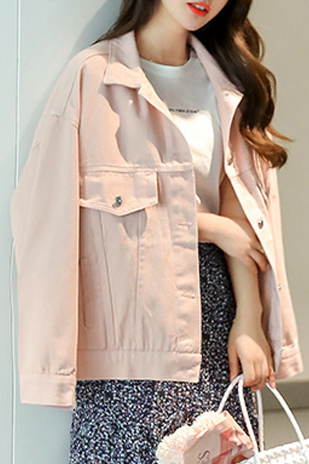 Women Cute Flower Embroidery Loose Ventilated Long Sleeve Modern Denim Jacket