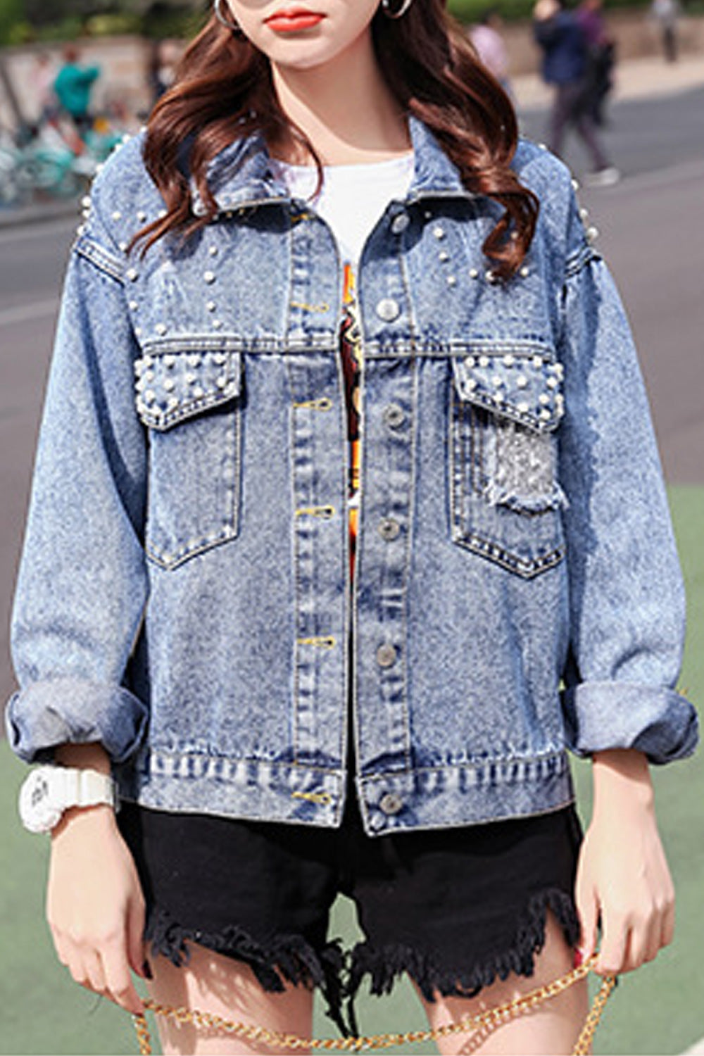 Women Small Beads Decorated Pretty Long Sleeve Warm Comfortable Autumn Season Denim Jacket