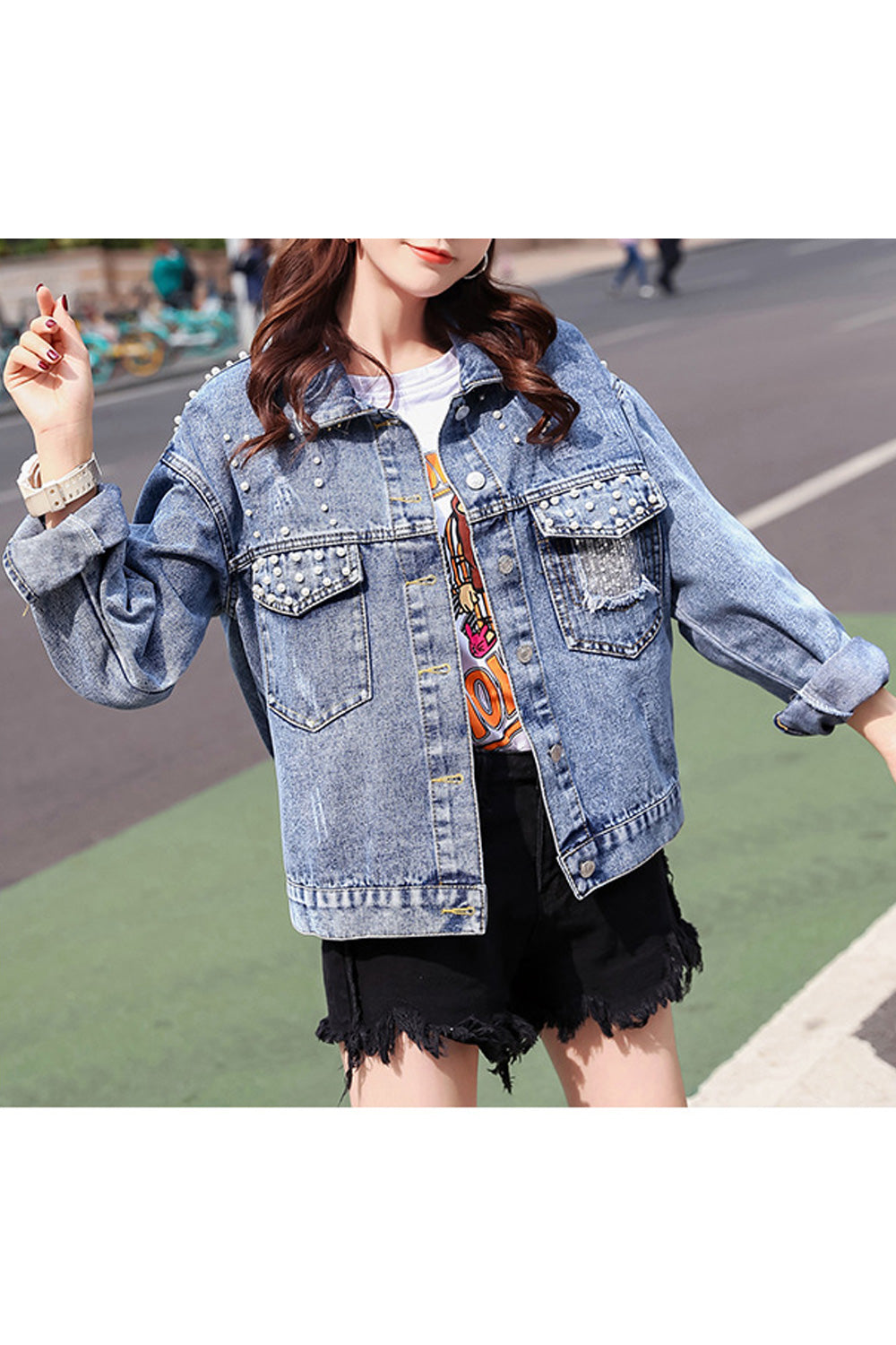 Women Small Beads Decorated Pretty Long Sleeve Warm Comfortable Autumn Season Denim Jacket