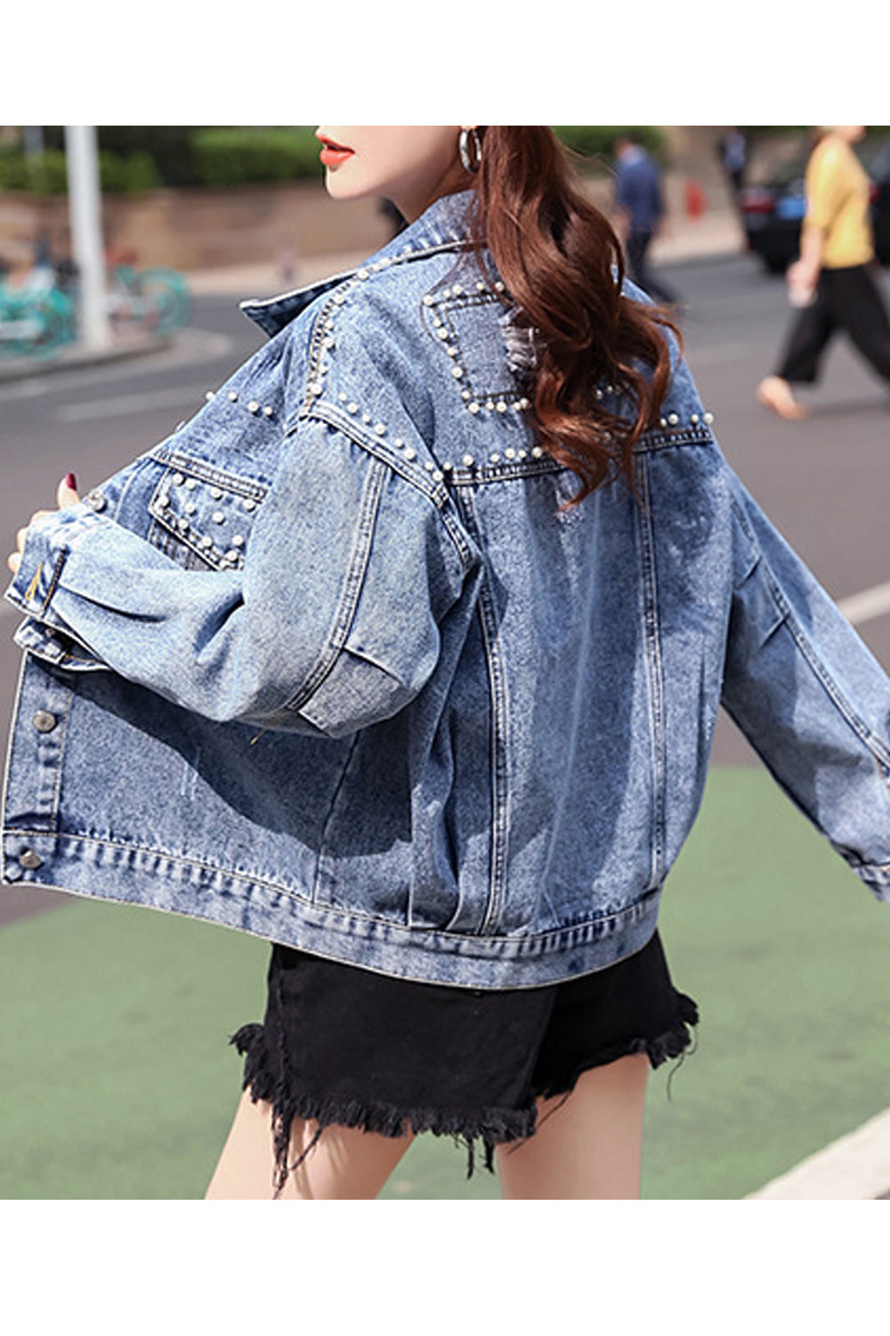 Women Small Beads Decorated Pretty Long Sleeve Warm Comfortable Autumn Season Denim Jacket