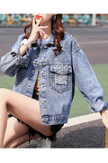 Women Small Beads Decorated Pretty Long Sleeve Warm Comfortable Autumn Season Denim Jacket