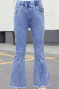 Kids Girls Flared Style Elastic Waist Autumn Season Elegant Jeans