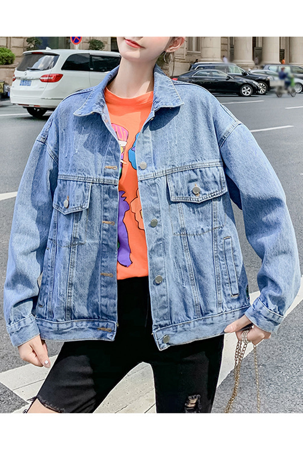 Women Fashionable Letter Embroidery Loose Long Sleeve Fantastic Button Down Comfy Denim Jacket