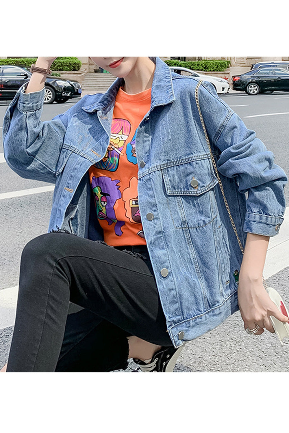 Women Fashionable Letter Embroidery Loose Long Sleeve Fantastic Button Down Comfy Denim Jacket
