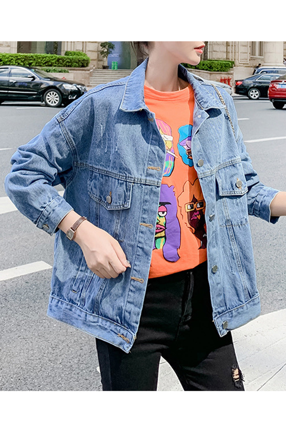 Women Fashionable Letter Embroidery Loose Long Sleeve Fantastic Button Down Comfy Denim Jacket