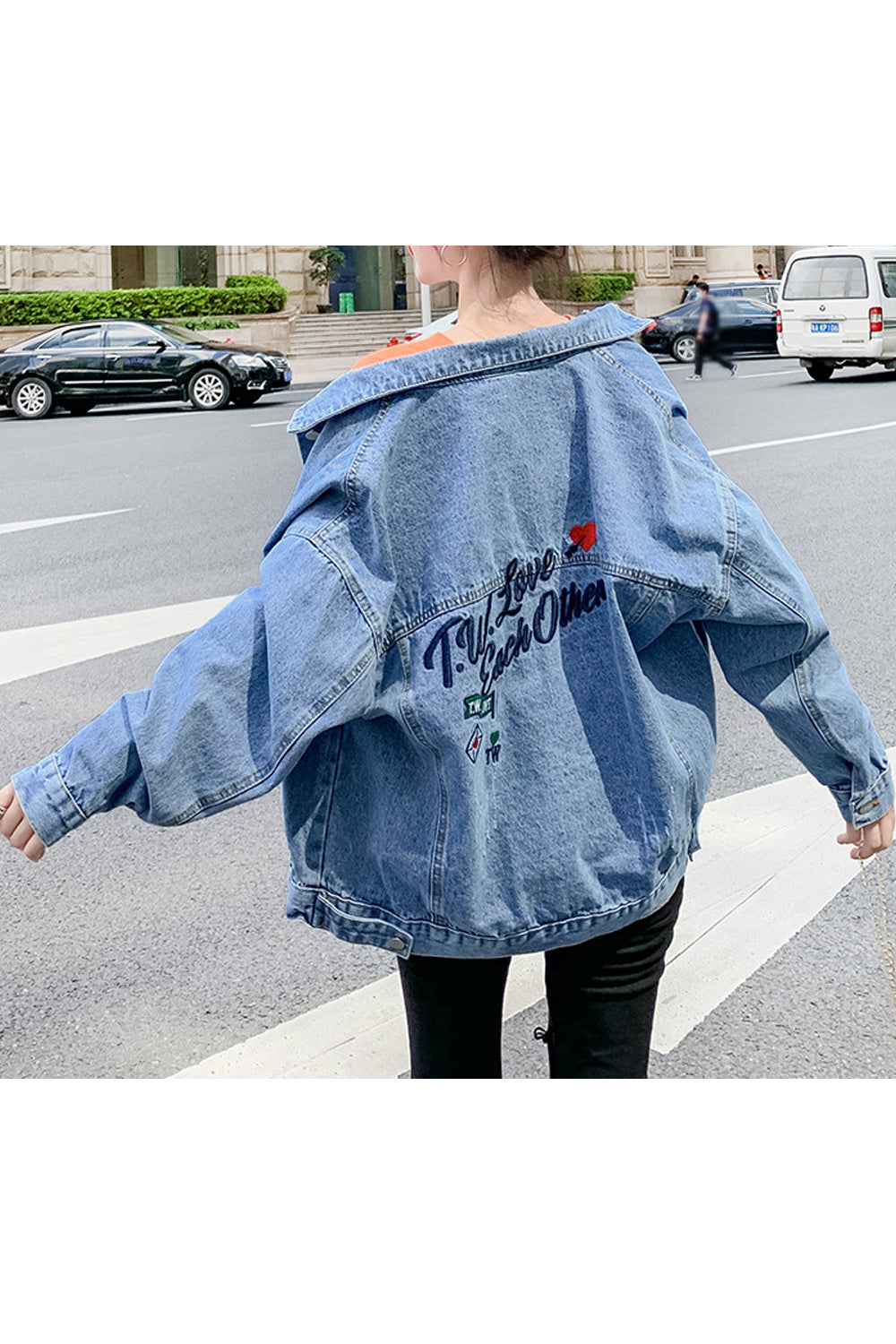Women Fashionable Letter Embroidery Loose Long Sleeve Fantastic Button Down Comfy Denim Jacket