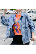 Women Fashionable Letter Embroidery Loose Long Sleeve Fantastic Button Down Comfy Denim Jacket