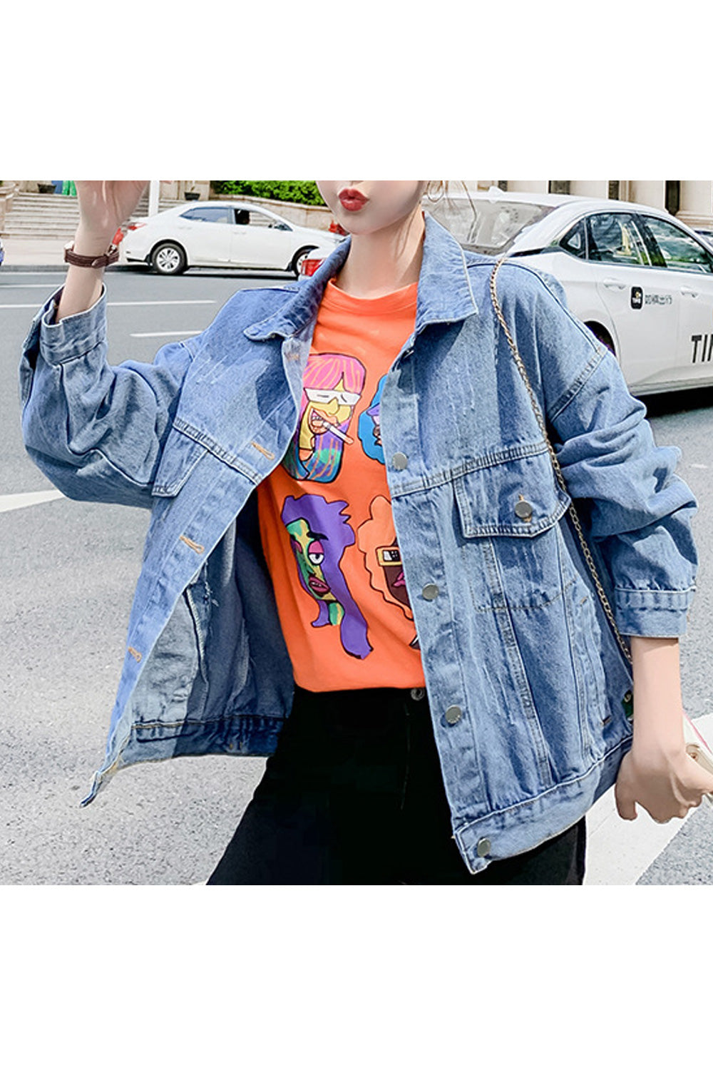 Women Fashionable Letter Embroidery Loose Long Sleeve Fantastic Button Down Comfy Denim Jacket