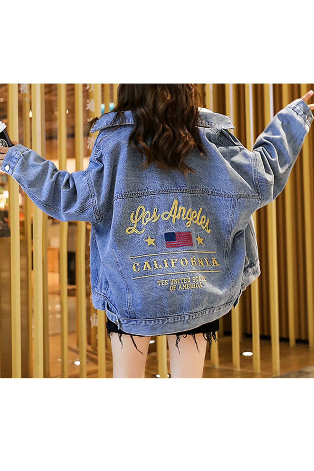 Women Fascinating Loose Breathable Long Sleeve Comfy Collar Neck Letter Embroidery Denim Jacket