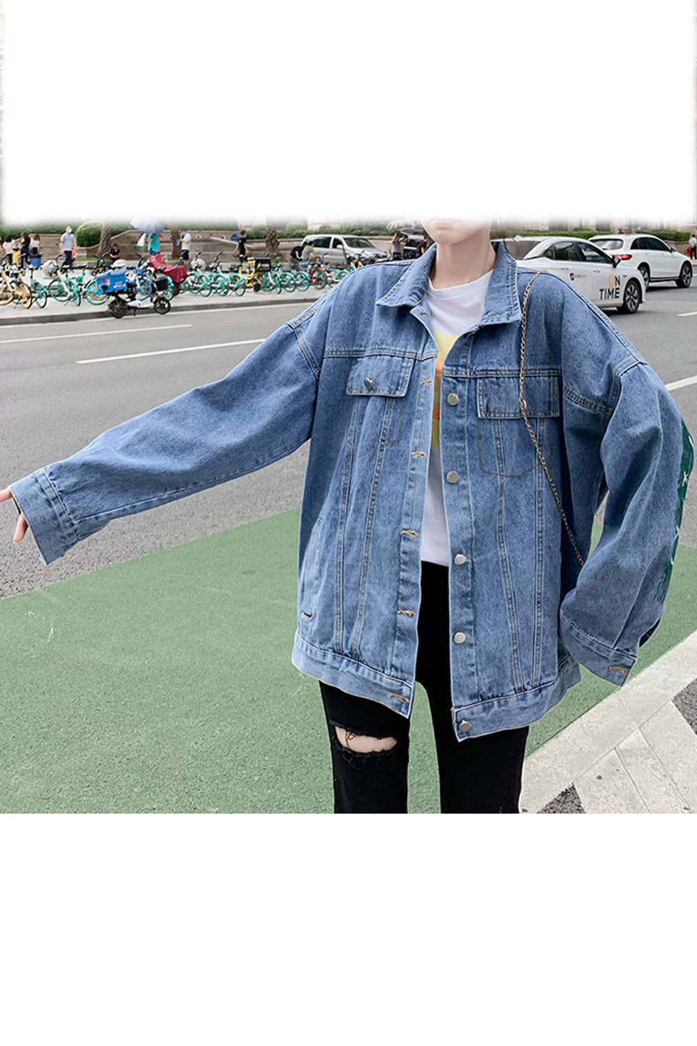 Women Printed Pattern Classy Collar Neck Long Sleeve Alluring Denim Jacket