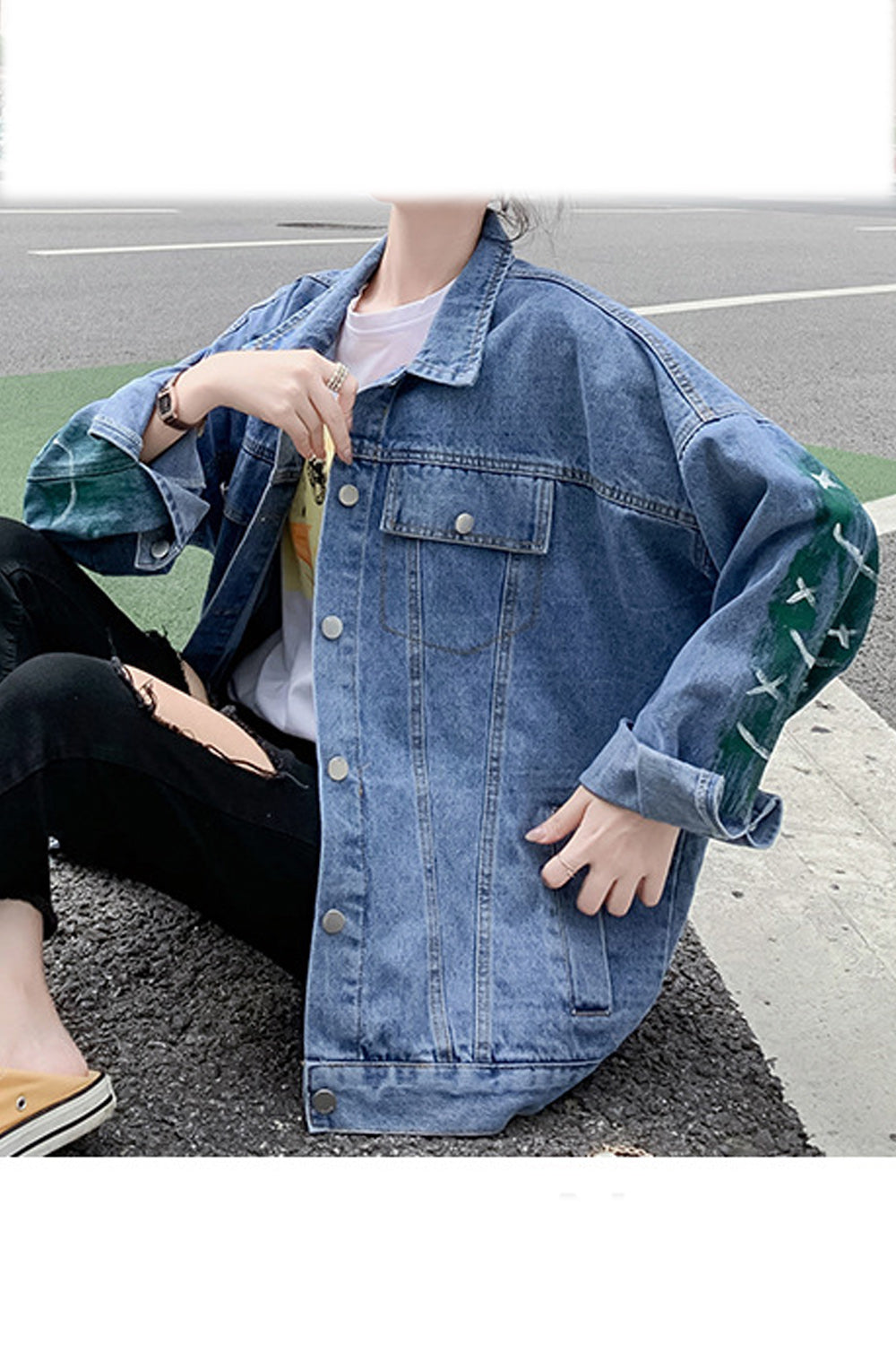 Women Printed Pattern Classy Collar Neck Long Sleeve Alluring Denim Jacket