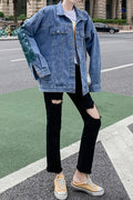 Women Printed Pattern Classy Collar Neck Long Sleeve Alluring Denim Jacket