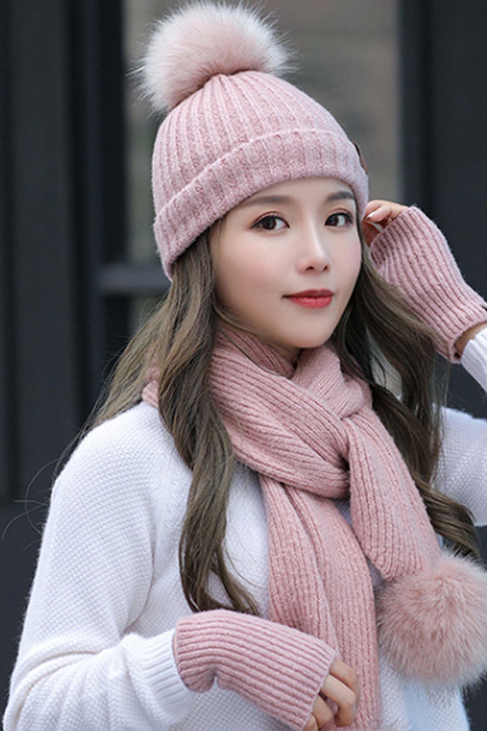 Women Soft Hair Ball Attached Trendy Solid Colored Lovely Knitted Hat