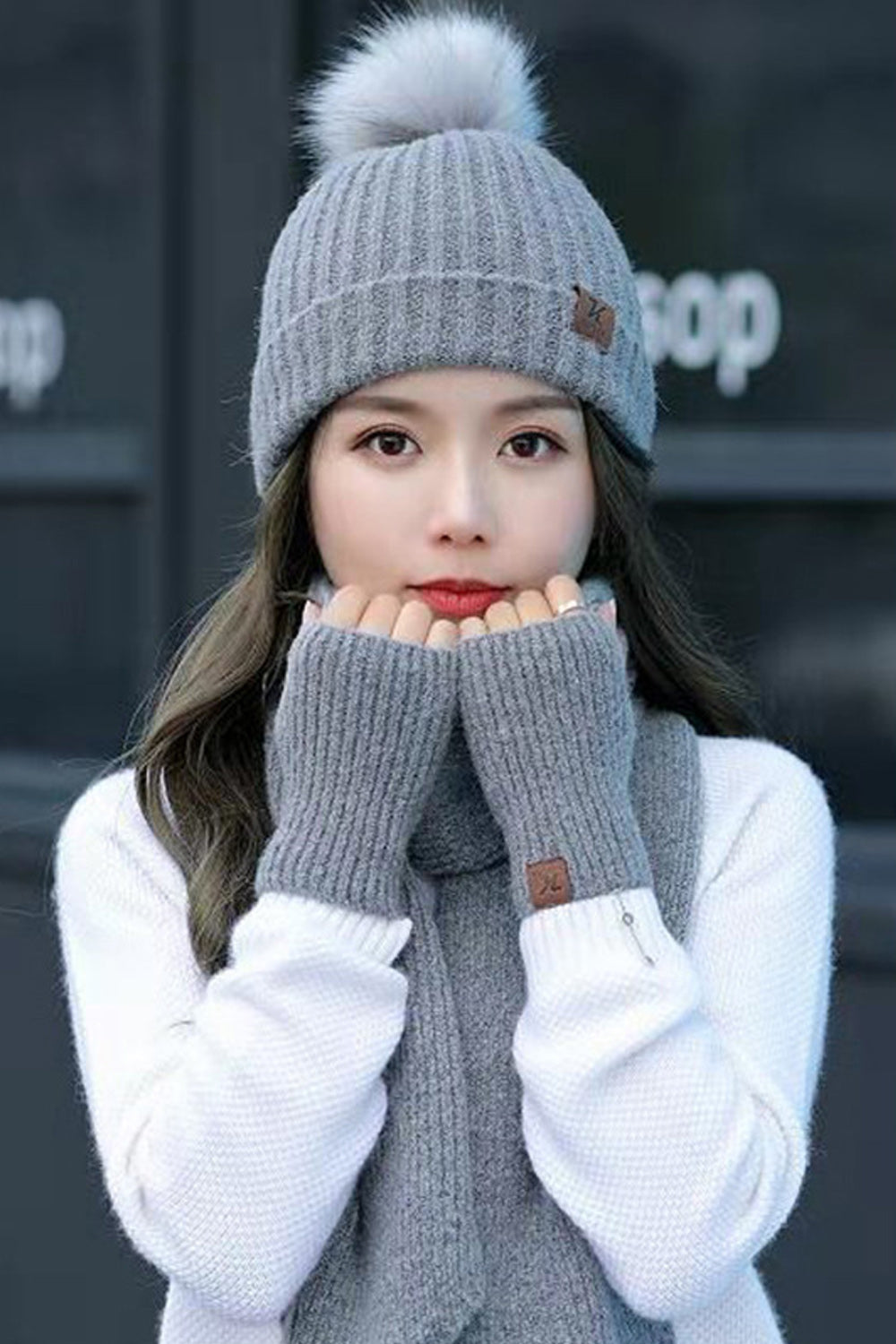 Women Soft Hair Ball Attached Trendy Solid Colored Lovely Knitted Hat