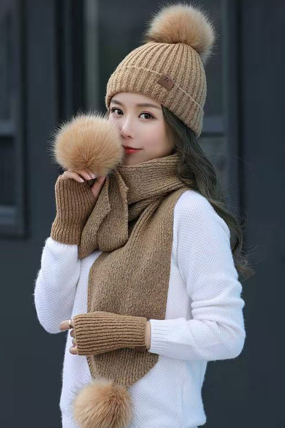 Women Soft Hair Ball Attached Trendy Solid Colored Lovely Knitted Hat